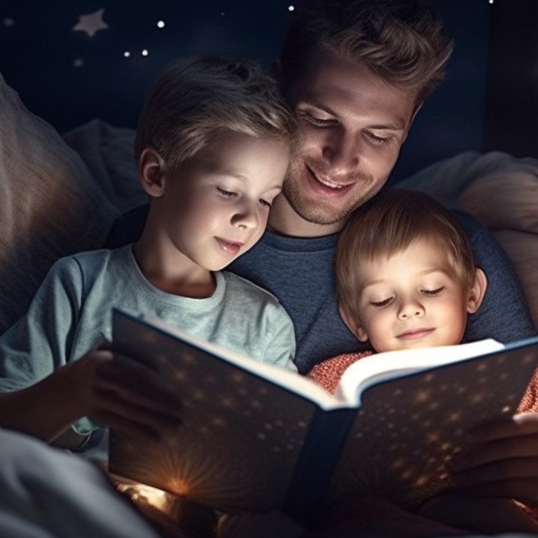 Vater liest seinen zwei 4 und 6 jährigenKindern aus einem Kinderbuch zum schlafengehen vor