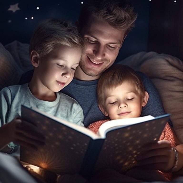 Vater liest zwei Kindern Abends im Bett eine Geschichte vor