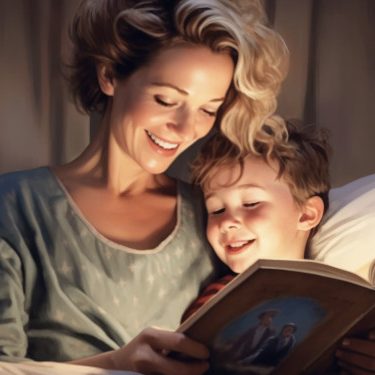 Bild von Mutter mit Sohn und einem Buch zur Sprachentwicklung