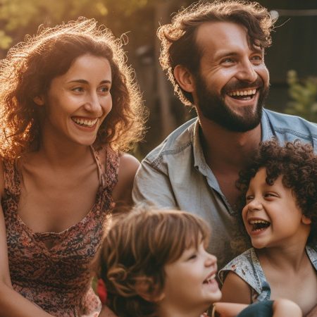 Bild von glücklicher Familie, Vater, Mutter und zwei Kinder lachen im Abendlicht