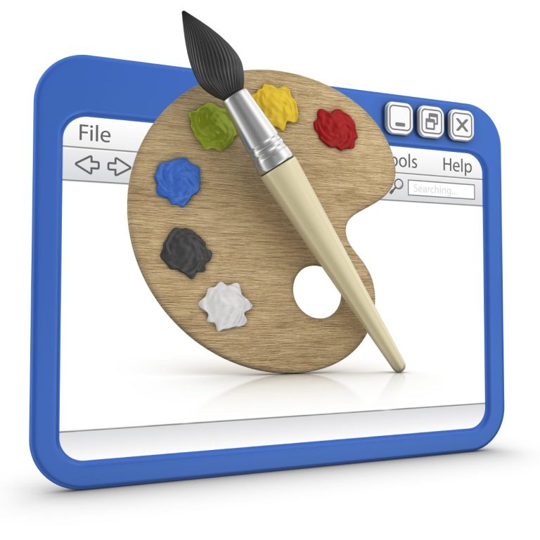 Bild vom Tablet mit Pinsel und Farbtafel als Symbol für Bildbearbeitungssoftware