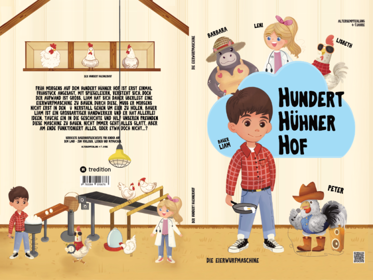 Bild vom gesamten Cover des ersten Hunder Hühner Hof Buches, die Eierwurfmaschiene. Rechts siehst du Bauer Liam und 4 weitere Figuren, links die Maschine und worum es in der Geschichte gehen soll